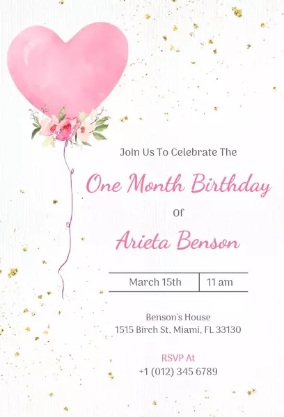 Floral Balloon Pink 1st Birthday Celebration Invitation Template