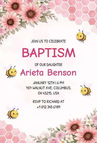 Floral Bee Themed Daughter Baptism Celebration Invitation Template