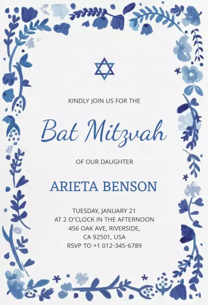 Floral Blue Bat Mitzvah Celebration Invitation Template