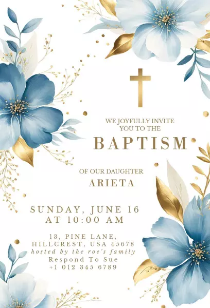 Floral Blue Gold Baptism Celebration Invitation Template