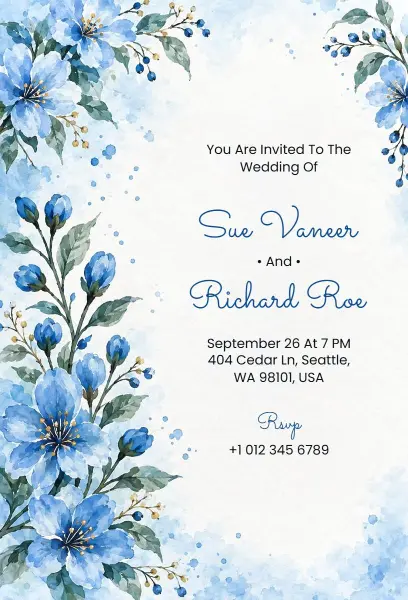 Floral Blue Watercolor Wedding Invitation Template