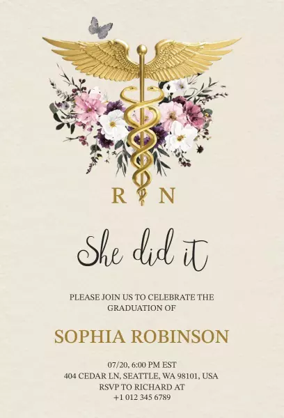 Floral Caduceus Nursing Graduation Celebration Invitation Template