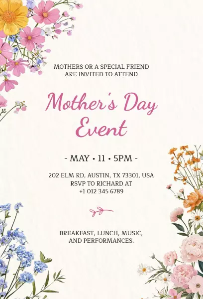 Floral Celebration Mother's Day Event Gathering Invitation Template