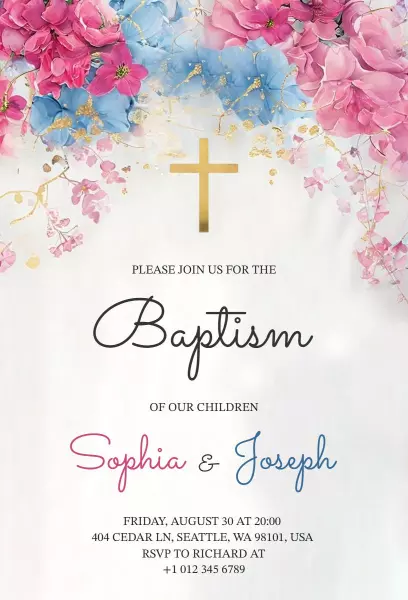 Floral Cross Children Baptism Celebration Invitation Template