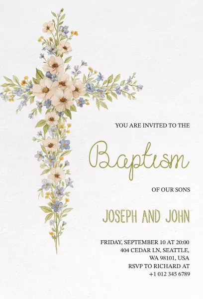 Floral Cross Elegant Twin Sons Baptism Invitation Template