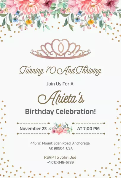 Floral Crown 70th Birthday Celebration Invitation Template