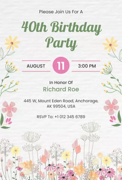 Floral Delight 40th Birthday Celebration Invitation Template