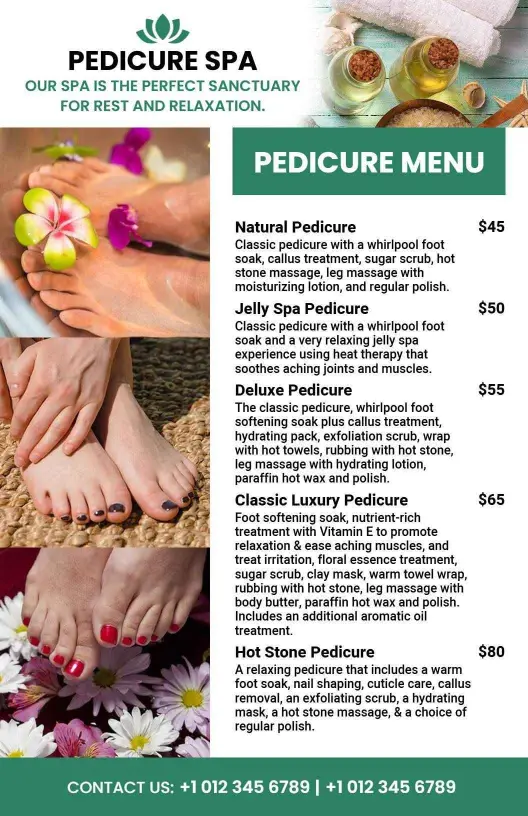 Floral Elegance Green Pedicure Service Menu Template