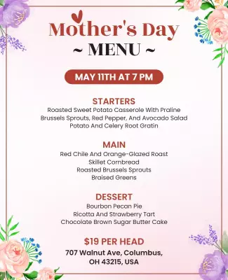 Floral Elegant Mother's Day Dinner Menu Poster Template
