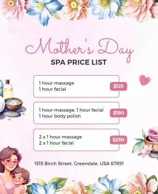 Floral Elegant Mother's Day Spa Price List Poster Template