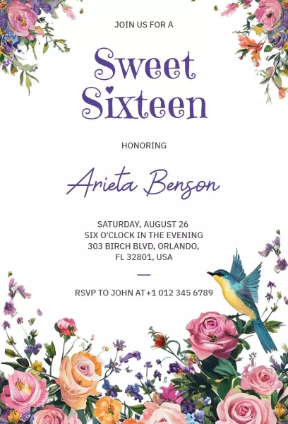 Floral Garden Sweet 16 Birthday Celebration Invitation Template