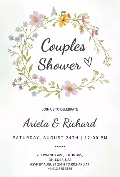 Floral Garden Theme Couples Shower Celebration Invitation Template