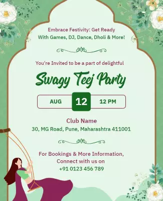 Floral Green Festive Teej Party Invitation Poster Template