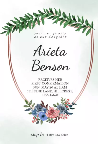 Floral Greenery First Confirmation Celebration Invitation Template