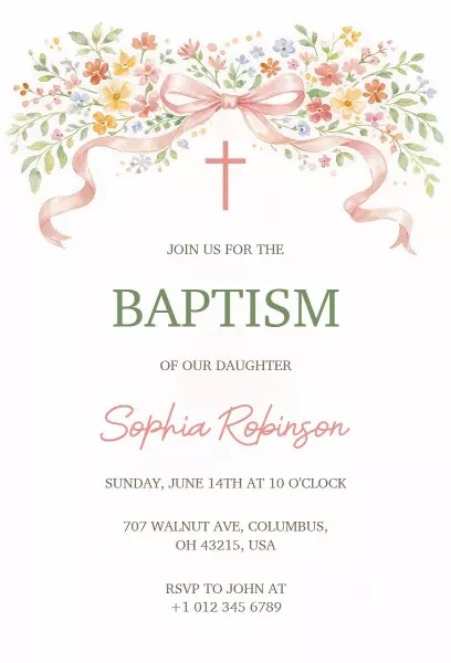 Floral Heartwarming Daughter Baptism Celebration Invitation Template