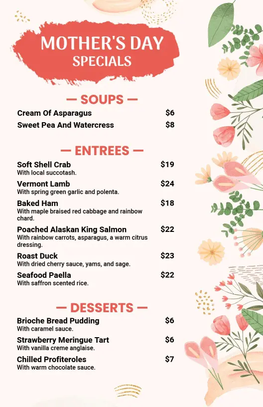 Floral Mother's Day Specials Menu Template