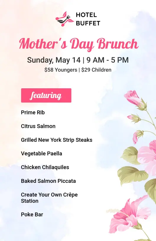 Floral Pastel Mother's Day Brunch Buffet Menu Template
