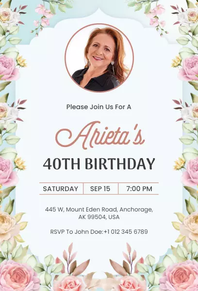 Floral Photo Elegant 40th Birthday Celebration Invitation Template