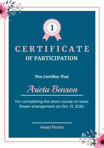 Floral Pink and Blue Flower Arrangement Participation Certificate Template