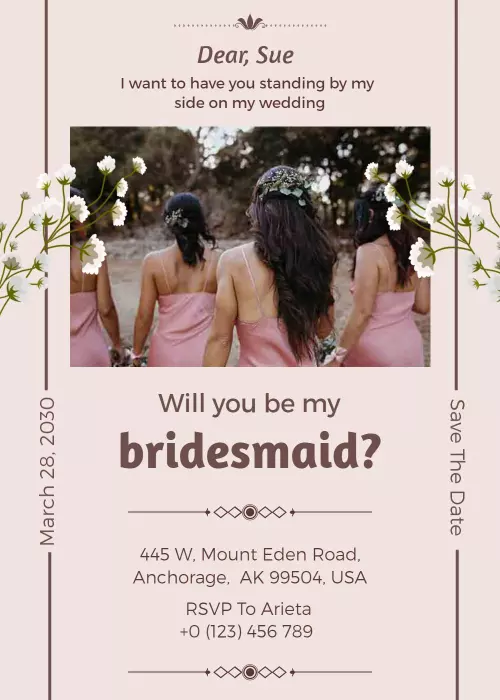 Floral Pink Bridesmaid Wedding Proposal Invitation Template
