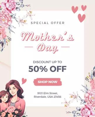 Floral Pink Mother's Day Discount Offer Poster Template