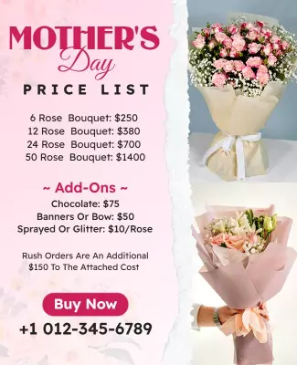 Floral Pink Mother's Day Price List Bouquet Poster Template
