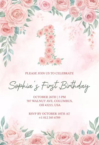 Floral Pink Rose Theme 1st Birthday Celebration Invitation Template