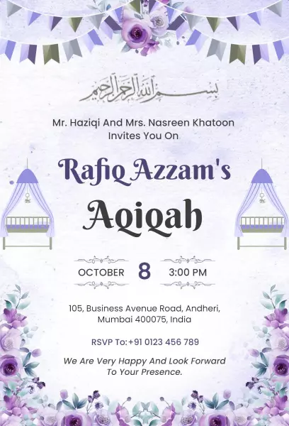 Floral Purple Aqiqah Ceremony Celebration Invitation Template