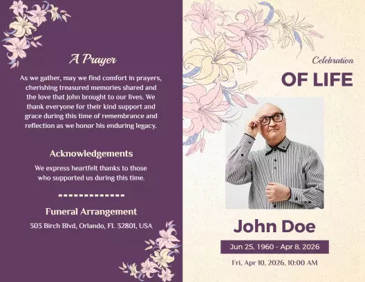 Floral Purple Celebration of Life Memorial Brochure Template