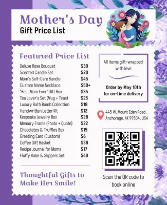 Floral Purple Mother's Day Gift Price List Flyer Template