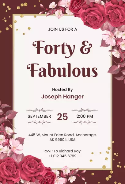 Floral Roses Forty Fabulous Birthday Celebration Invitation Template