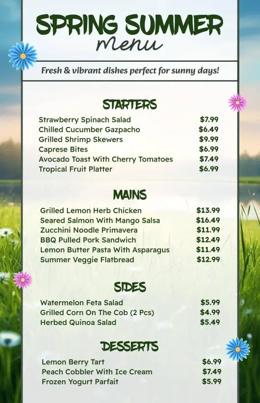 Floral Spring Summer Breeze Seasonal Menu Template