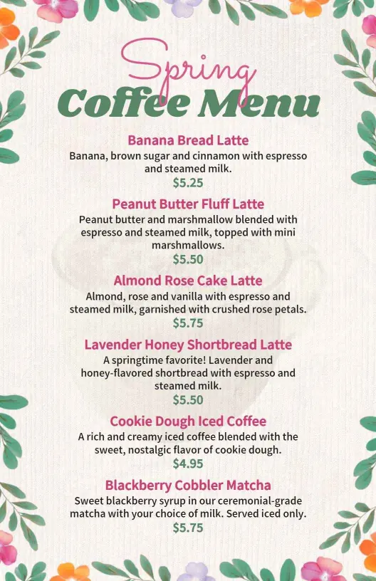 Floral Spring-Themed Coffee Beverages with Unique Flavors Seasonal Menu Template