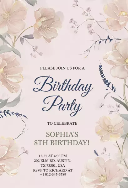 Floral Theme 8th Birthday Celebration Invitation Template