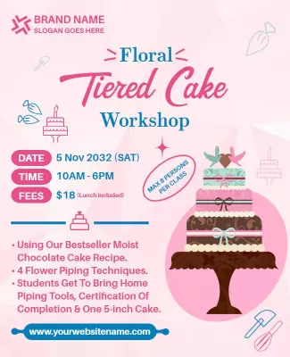 Floral Themed Tiered Cake Workshop Invitation Poster Template