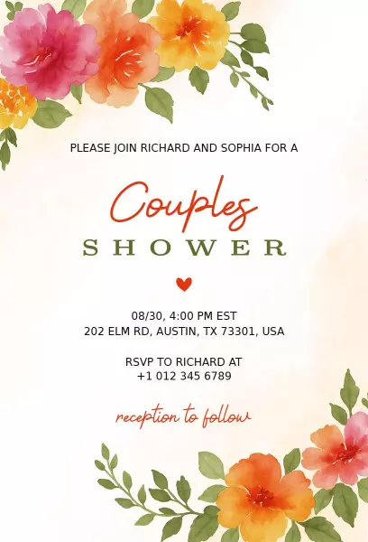 Floral Watercolor Couples Shower Celebration Invitation Template