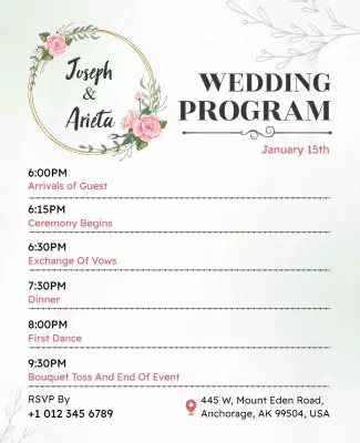 Floral Green Elegant Wedding Program Schedule Flyer Template
