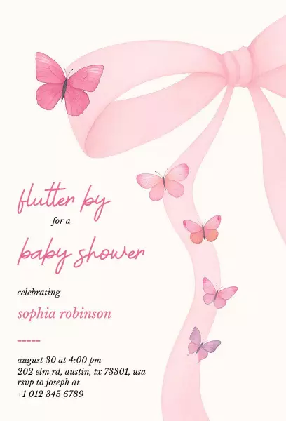 Fluttering Butterfly Pink Bows Baby Shower Invitation Template