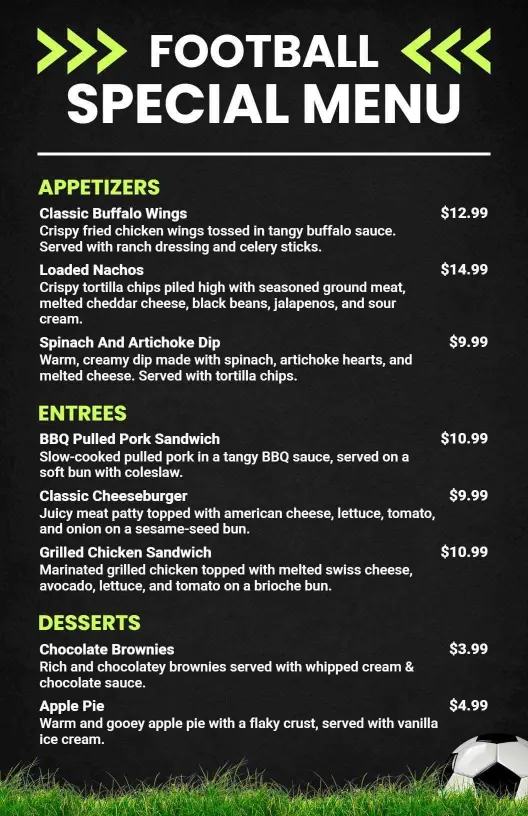 Football-Inspired Black and Green Sports Menu Template