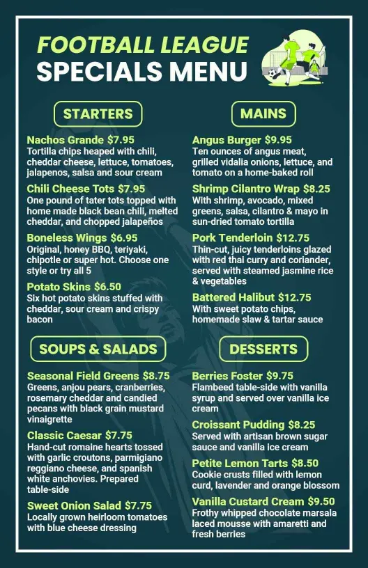 Football League Game Night Dining Menu Template