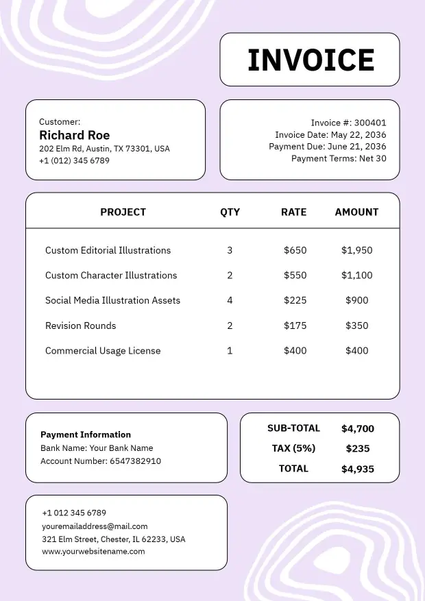 Freelance Custom Illustration Services Billing Invoice Template