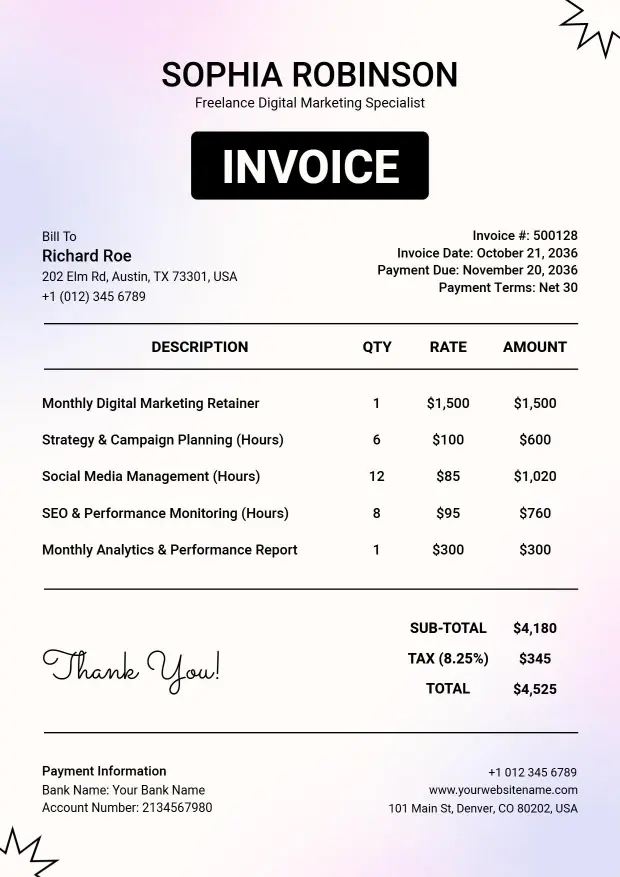 Freelance Digital Marketing Service Charges Invoice Template