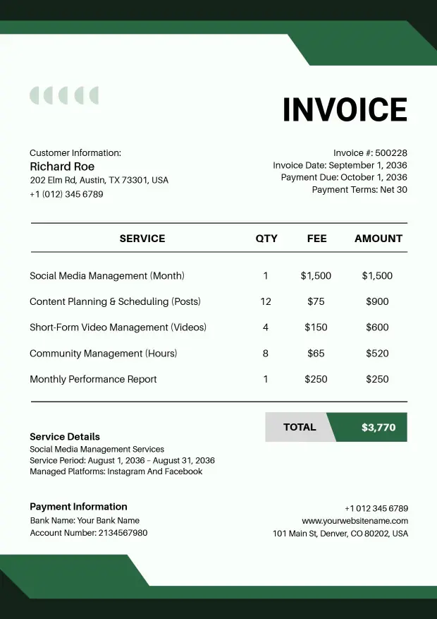 Freelance Social Media Management Services Fees Invoice Template