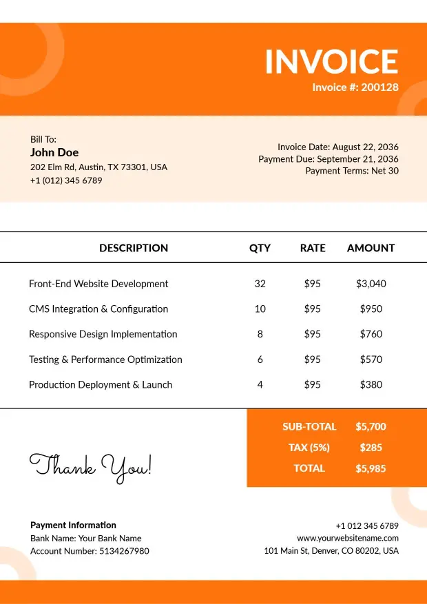 Freelance Web Development Service Charges Invoice Template