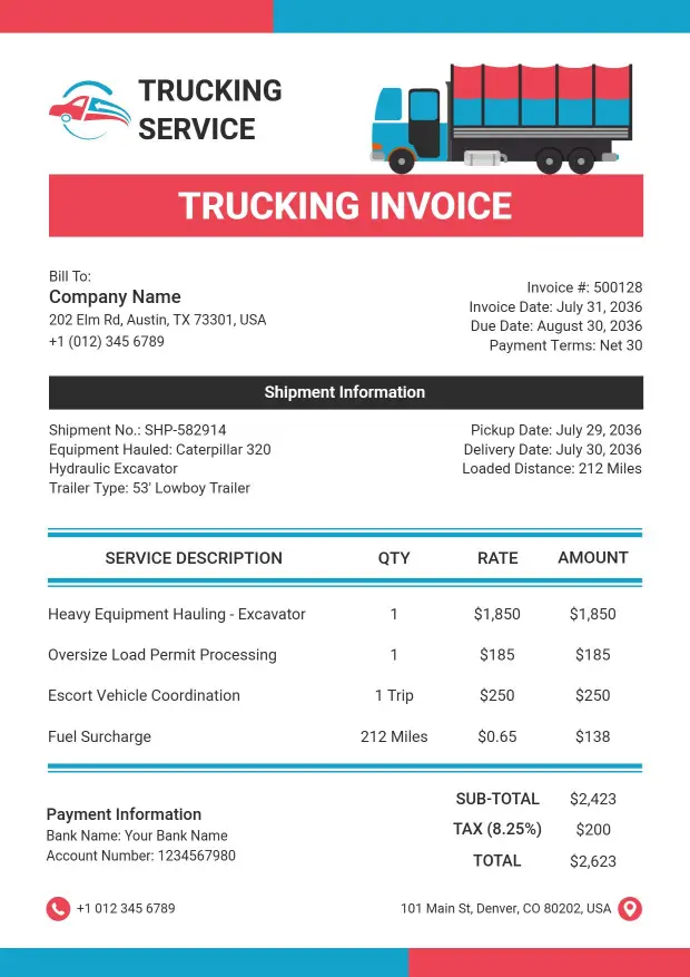Freight Delivery and Logistics Billing Trucking Invoice Template