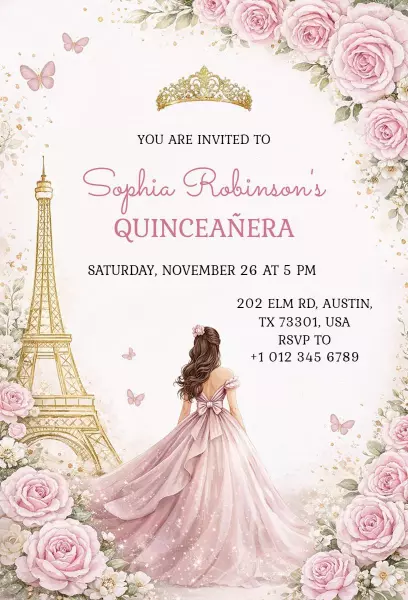 French Eiffel Tower Elegant Quinceanera Invitation Template