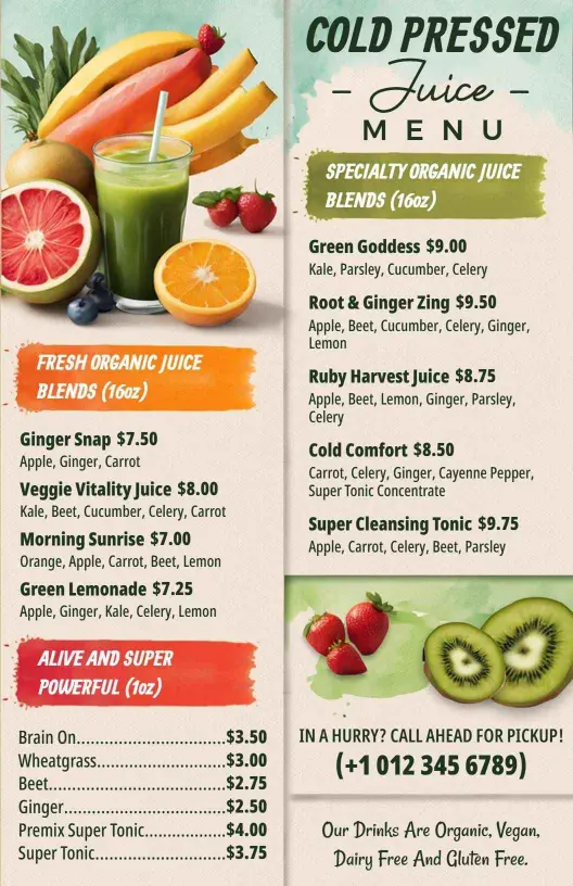Fresh and Vibrant Organic Juice Blends for Health Juice Menu Template