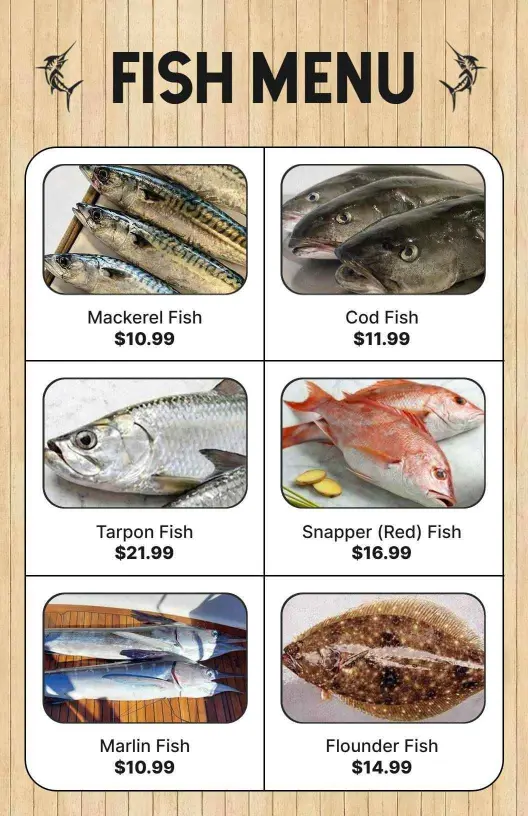 Fresh Catch of the Day Featuring Diverse Fish Selections Seafood Menu Template