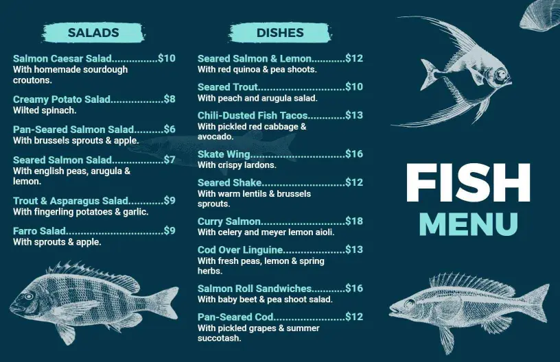 Fresh Catches and Delectable Dishes for Seafood Menu Template