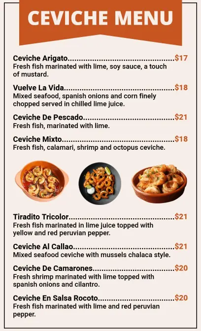 Fresh Ceviche Selections Featuring Diverse Seafood Delights Menu Template